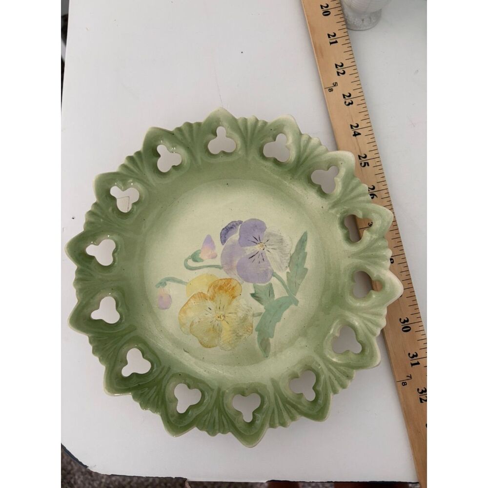 Vintage Majolica Green scalloped plate with hand painted pansies